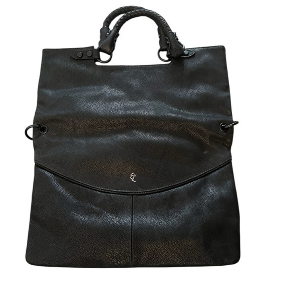 ELLIOTT LUCA Black Leather Foldover Handbag Purse w/ Braided Handle